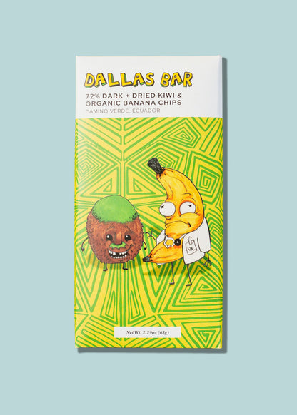 Dallas Bar - 72% Dark Chocolate + Dried Kiwi & Organic Banana Chips