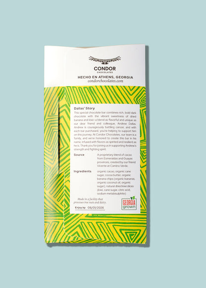 Dallas Bar - 72% Dark Chocolate + Dried Kiwi & Organic Banana Chips