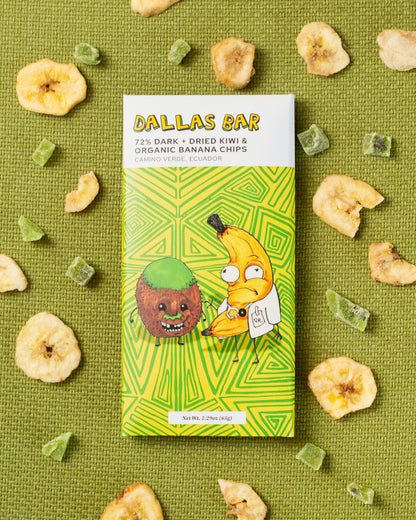 Dallas Bar - 72% Dark Chocolate + Dried Kiwi & Organic Banana Chips